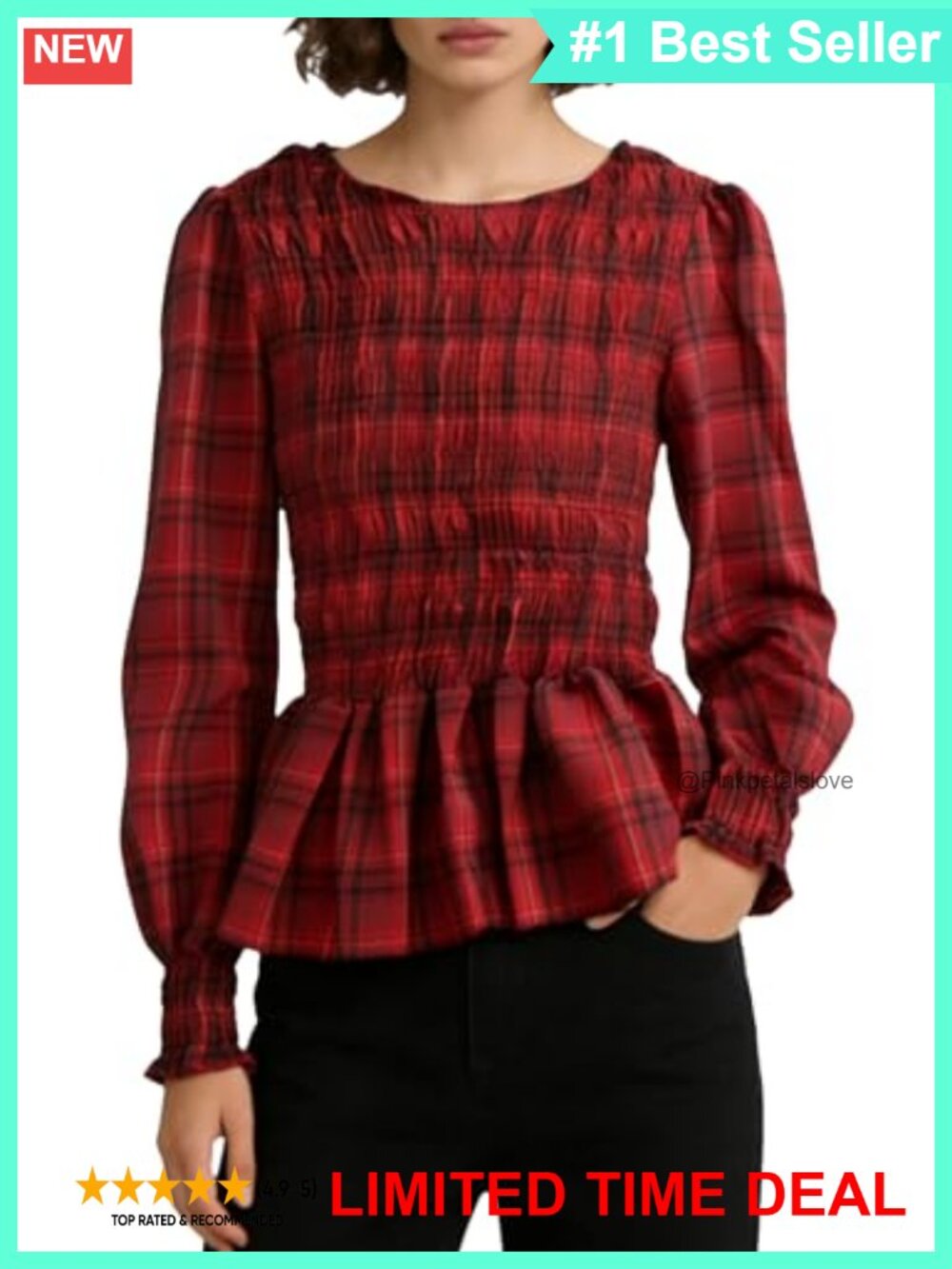 Smocked Ruffle Hem Plaid Peplum Top Long Puff Sleeve